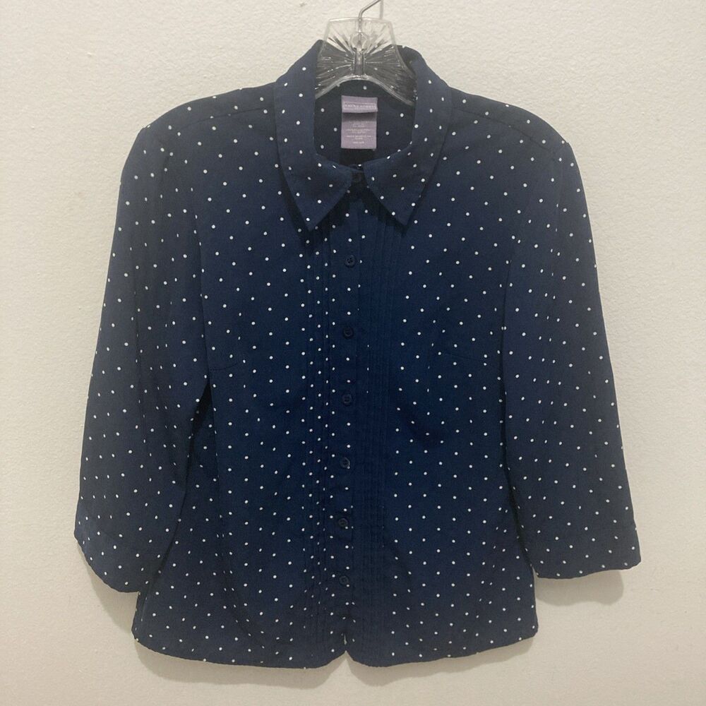 LAURA ASHLEY blue white polka dot 3/4 sleeves pleated button up top MP